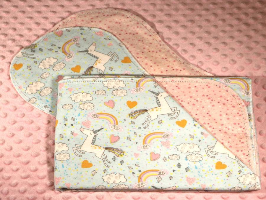Unicorns In The Sky Hemstitched Flannel Blanket w/(2) Burp Cloths Kit