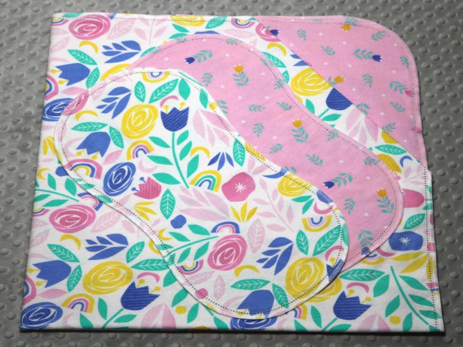Water Color Floral Hemstitched Flannel Blanket w/(2) Burp Cloths Kit