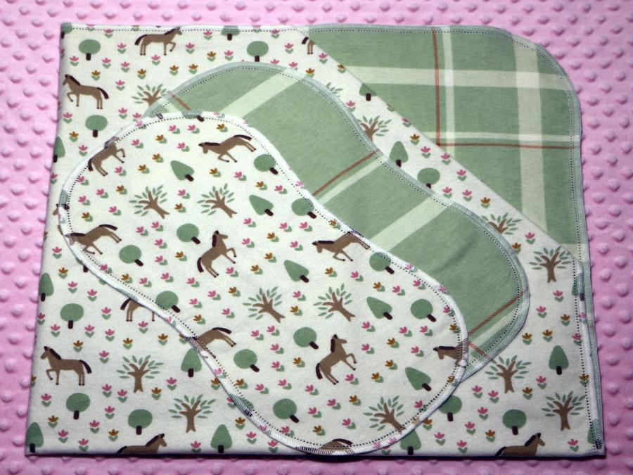 Wondering Horses Hemstitched Flannel Blanket w/(2) Burp Cloths Kit