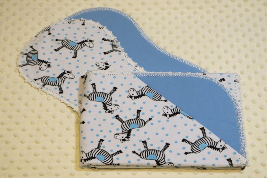 Zebra And Blue Dots Finished Crochet Edge Flannel Blanket w/(2) Burp Cloths Gift Set