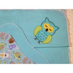 Applique Little Ones Aqua Owl Flannel Blanket w/(2) Burp Cloths Kit