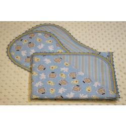 Baby Animals Blue Finished Crochet Edge Flannel Blanket w/(2) Burp Cloths Gift Set