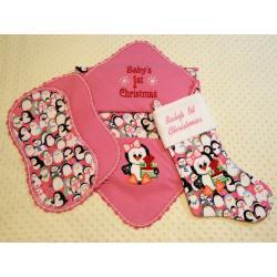 Baby's First Christmas Penguins Flannel Blanket w/(2) Burp Cloths, and Xmas Stocking Gift Set
