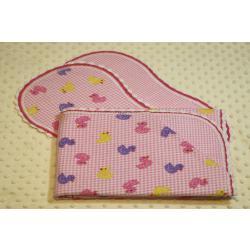 Ducks On Gingham Pink Finished Crochet Edge Flannel Blanket w/(2) Burp Cloths Gift Set
