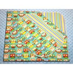 Fun Owls Aqua Hemstitched Flannel Blanket w/(2) Burp Cloths Kit