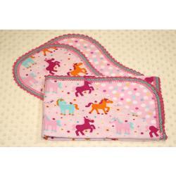 Pink Ponies Finished Crochet Edge Flannel Blanket w/(2) Burp Cloths Gift Set